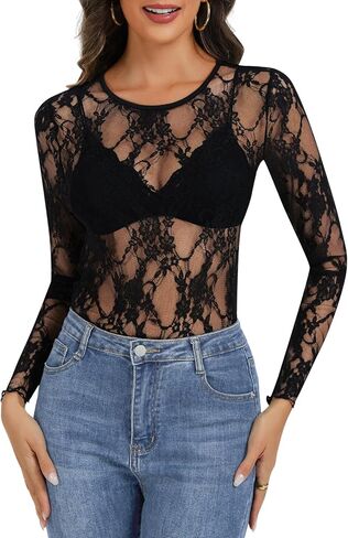 Lace Long Sleeve Tops for Women Mesh Sheer Sexy Undershirt Crew Neck Floral See Through Shirts in Saudi Arabia