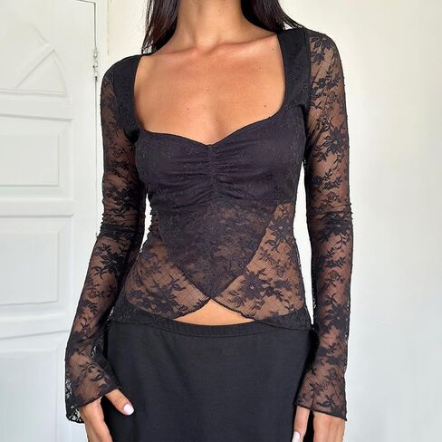 Women Floral Lace Long Sleeve See-Through Tops Crewneck Low Cut Lined Bust Shirts Slim Chest Tie Bow Crop Blouses in Saudi Arabia