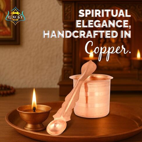 Panch Patra Pooja Lota with Spoon Copper charnamrit Set, Achmani, Handmade Pure Copper for Pooja Purpose at Home, Office, Temple and in All holy Festivals. in Kuwait