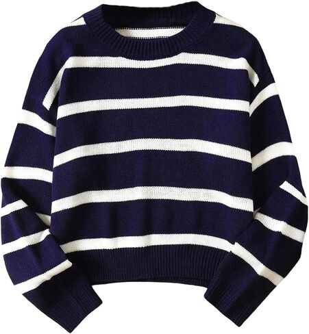 MakeMeChic Girl's Striped Colorblock Round Neck Sweater Long Sleeve Drop Shoulder Knit Loose Pullovers in Saudi Arabia
