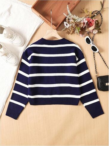 MakeMeChic Girl's Striped Colorblock Round Neck Sweater Long Sleeve Drop Shoulder Knit Loose Pullovers in Saudi Arabia