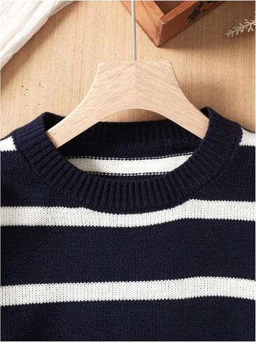 MakeMeChic Girl's Striped Colorblock Round Neck Sweater Long Sleeve Drop Shoulder Knit Loose Pullovers in Saudi Arabia
