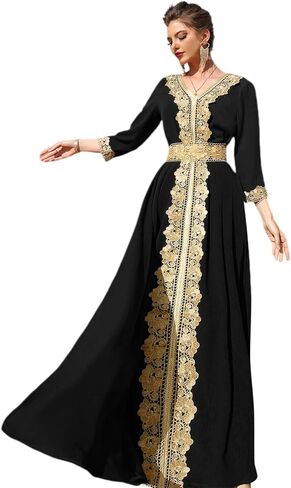 OBEEII Women's Moroccan Muslim Abaya Dress Elegant Floral Embroidery Kaftan Maxi Dress Islamic Dubai Ramadan Prayer Clothes in Saudi Arabia
