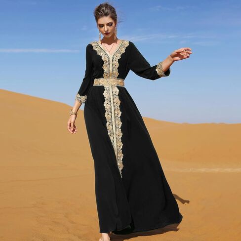 OBEEII Women's Moroccan Muslim Abaya Dress Elegant Floral Embroidery Kaftan Maxi Dress Islamic Dubai Ramadan Prayer Clothes in Saudi Arabia