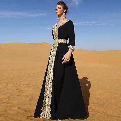 OBEEII Women's Moroccan Muslim Abaya Dress Elegant Floral Embroidery Kaftan Maxi Dress Islamic Dubai Ramadan Prayer Clothes in Saudi Arabia