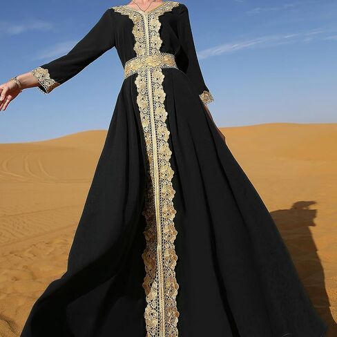 OBEEII Women's Moroccan Muslim Abaya Dress Elegant Floral Embroidery Kaftan Maxi Dress Islamic Dubai Ramadan Prayer Clothes in Saudi Arabia