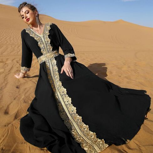 OBEEII Women's Moroccan Muslim Abaya Dress Elegant Floral Embroidery Kaftan Maxi Dress Islamic Dubai Ramadan Prayer Clothes in Saudi Arabia