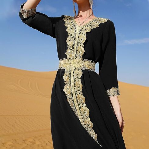 OBEEII Women's Moroccan Muslim Abaya Dress Elegant Floral Embroidery Kaftan Maxi Dress Islamic Dubai Ramadan Prayer Clothes in Saudi Arabia