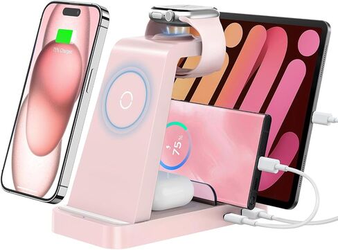 شاحن لاسلكي لهاتف iPhone - محطة شحن 5 في 1 لأجهزة متعددة Apple: قاعدة شحن لاسلكية لهاتف iPhone 16 15 14 13 12 Pro Max Apple Watch Airpods in Saudi Arabia