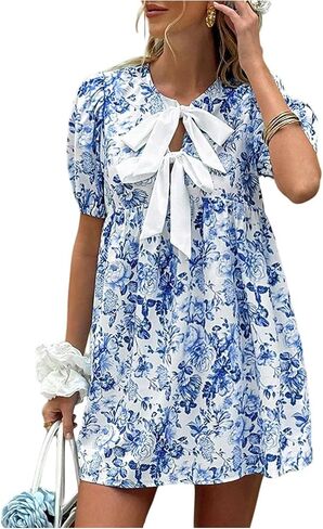 SOLY HUX Women's Floral Mini Dress Bow Tie Front Puff Short Sleeve Babydoll Flowy Summer Vacation Dresses in Saudi Arabia