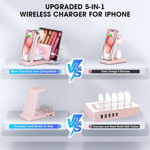 شاحن لاسلكي لهاتف iPhone - محطة شحن 5 في 1 لأجهزة متعددة Apple: قاعدة شحن لاسلكية لهاتف iPhone 16 15 14 13 12 Pro Max Apple Watch Airpods in Saudi Arabia