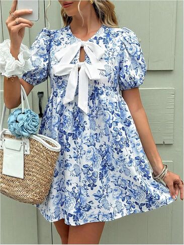 SOLY HUX Women's Floral Mini Dress Bow Tie Front Puff Short Sleeve Babydoll Flowy Summer Vacation Dresses in Saudi Arabia
