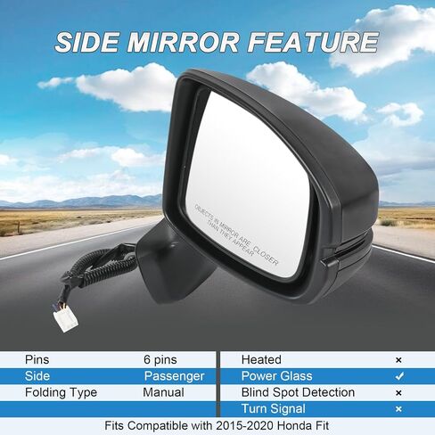 JDMSPEED Right Side Side View Door Mirror Compatible with 2015-2020 Honda Fit Non-Heated Manual Folding Black Replace# HO1320332 76208-T5R-A01(6 pin) in Saudi Arabia