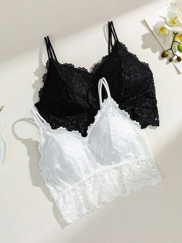 WDIRARA Women's Plus Size 2 Piece Floral Lace Mesh Bralette V Neck Sleeveless Bra Crop Cami Top in Saudi Arabia