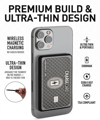 Ultra Thin Wireless Phone Charger. Portable Magnetic Power Bank that Fits in Your Wallet. 5000mAh & 20W Fast Charge. Works with Iphone 12-15 and other Phones with Magnetic Charging Tech. ChargeCard in Kuwait