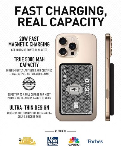 Ultra Thin Wireless Phone Charger. Portable Magnetic Power Bank that Fits in Your Wallet. 5000mAh & 20W Fast Charge. Works with Iphone 12-15 and other Phones with Magnetic Charging Tech. ChargeCard in Kuwait
