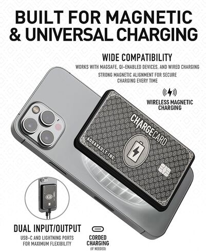 Ultra Thin Wireless Phone Charger. Portable Magnetic Power Bank that Fits in Your Wallet. 5000mAh & 20W Fast Charge. Works with Iphone 12-15 and other Phones with Magnetic Charging Tech. ChargeCard in Kuwait