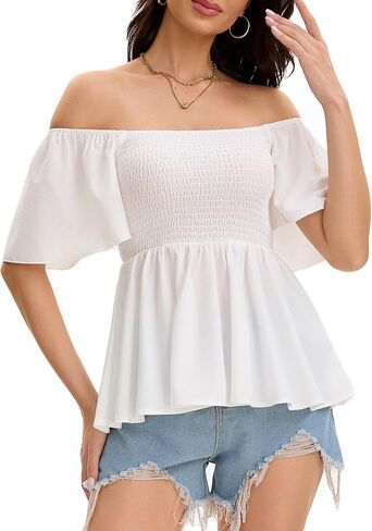 Women's Summer Peplum Tops Square Neck Ruffle Trim Short Sleeve Blouse Top Dressy Casual Shirts in Kuwait