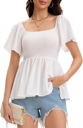 Women's Summer Peplum Tops Square Neck Ruffle Trim Short Sleeve Blouse Top Dressy Casual Shirts in Kuwait