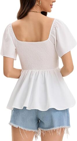 Women's Summer Peplum Tops Square Neck Ruffle Trim Short Sleeve Blouse Top Dressy Casual Shirts in Kuwait