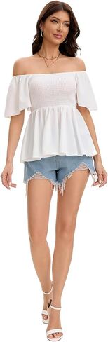 Women's Summer Peplum Tops Square Neck Ruffle Trim Short Sleeve Blouse Top Dressy Casual Shirts in Kuwait