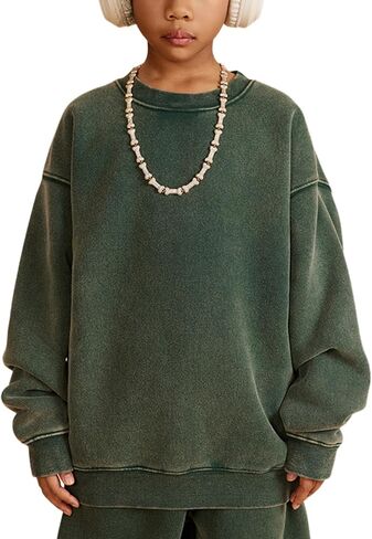 Gihuo Kids Crewneck Sweatshirt Fleece Lined Acid Wash Long Sleeve Sweatshirt Tops 2025 in Saudi Arabia