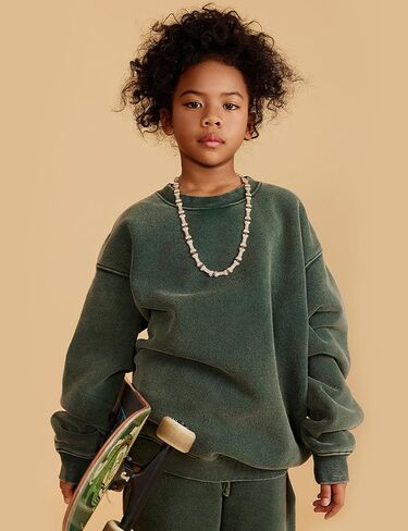 Gihuo Kids Crewneck Sweatshirt Fleece Lined Acid Wash Long Sleeve Sweatshirt Tops 2025 in Saudi Arabia