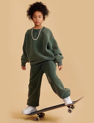 Gihuo Kids Crewneck Sweatshirt Fleece Lined Acid Wash Long Sleeve Sweatshirt Tops 2025 in Saudi Arabia