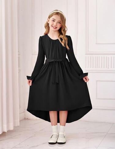 Arshiner Girls Long Sleeve Dress Fashion High Low Flowy Swing Semi Formal Party Dresses with Belt in Saudi Arabia
