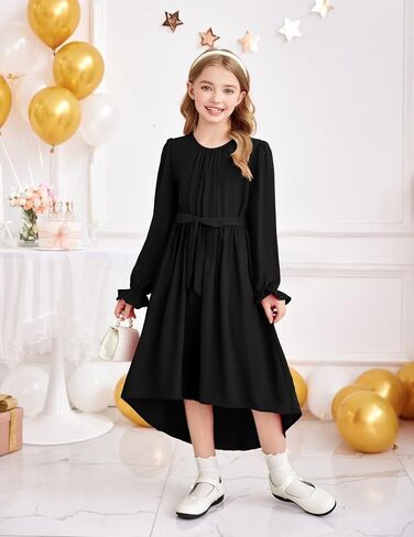 Arshiner Girls Long Sleeve Dress Fashion High Low Flowy Swing Semi Formal Party Dresses with Belt in Saudi Arabia