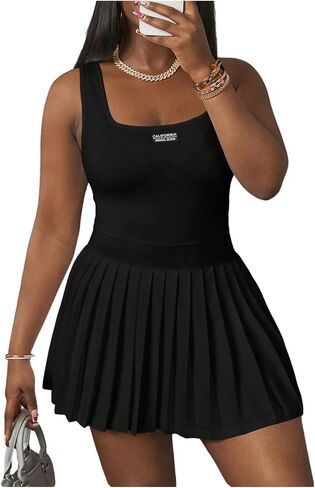 Women's Plus Size Pleated A Line Mini Dresses Letter Square Neck Sleeveless Tennis Tank Dress in Saudi Arabia