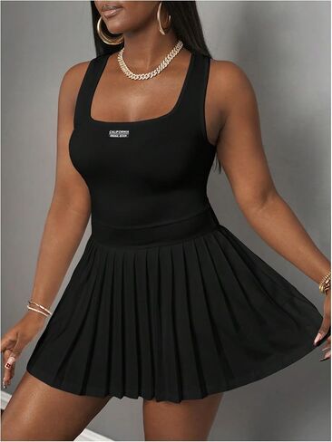 RoseSeek Women's Plus Size Tennis Dress Pleated A Line Mini Dresses Letter Square Neck Sleeveless Tank Athletic Dress in Saudi Arabia