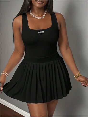 RoseSeek Women's Plus Size Tennis Dress Pleated A Line Mini Dresses Letter Square Neck Sleeveless Tank Athletic Dress in Saudi Arabia