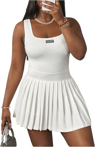 RoseSeek Women's Plus Size Tennis Dress Pleated A Line Mini Dresses Letter Square Neck Sleeveless Tank Athletic Dress in Saudi Arabia