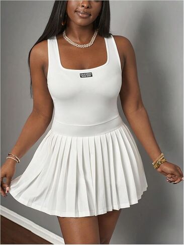RoseSeek Women's Plus Size Tennis Dress Pleated A Line Mini Dresses Letter Square Neck Sleeveless Tank Athletic Dress in Saudi Arabia