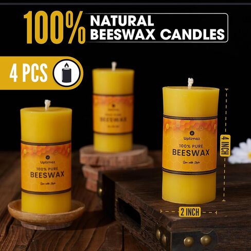 Beeswax Pillar Candles Set of 4, 2x4 Inch, 100% Beeswax Candle with Cotton Wick, Long Burning, Dripless Candle Bees Wax for Home, Décor, Prayer, Emergency in Saudi Arabia