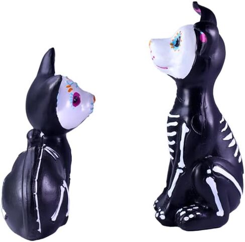 Day of The Dead Dog and Cat Figurine, Halloween Statue Sugar Skulls Animal Statue Resin Crafts Skeleton Sculpture for Halloween Home Desk Decorations (One Dog and one cat) in Saudi Arabia