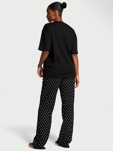 Victoria's Secret Cotton Tee Pajama Set, Long Sleeve Cotton Shirt and Long Flannel Pajama Pant Set, Sleepwear for Women, Red Shimmer (XXL) in Kuwait