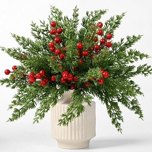 Waipfaru 45 Pcs Christmas Artificial Pine Branches, 12.9" Faux Evergreen Norfolk Pine with Red Berry Stems, Greenery Fake Pine Needles Picks Flowers for Xmas Vase Table DIY Craft Home Decorations in Saudi Arabia