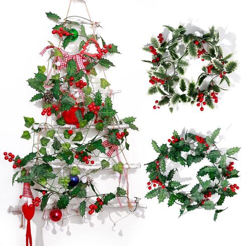 2Pcs Christmas Artificial Garland Xmas Berry Holly Leaves Red Berries Hanging Vine for Christmas Party Home Decor White Green in Saudi Arabia