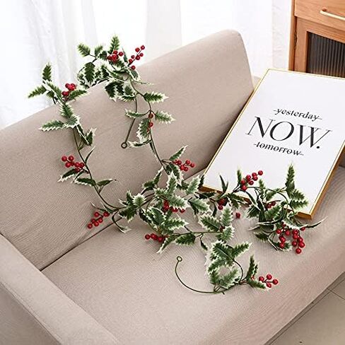 2Pcs Christmas Artificial Garland Xmas Berry Holly Leaves Red Berries Hanging Vine for Christmas Party Home Decor White Green in Saudi Arabia