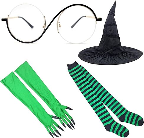 ASVP Shop Halloween Green Witch Costume Cosplay Set – Witch Hat, Green Claw Gloves, Socks & Glasses in Saudi Arabia