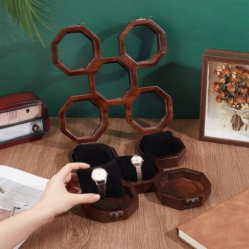 OLYCRAFT 5 فتحات خشبية لتنظيم الساعات، صناديق مراقبة نافذة مرئية مع 5 قطع وسادة للساعة، حافظة عرض بنية للساعة، منظم لتخزين الساعات مع غطاء زجاجي، حامل للساعة، صندوق عرض للساعة in Saudi Arabia