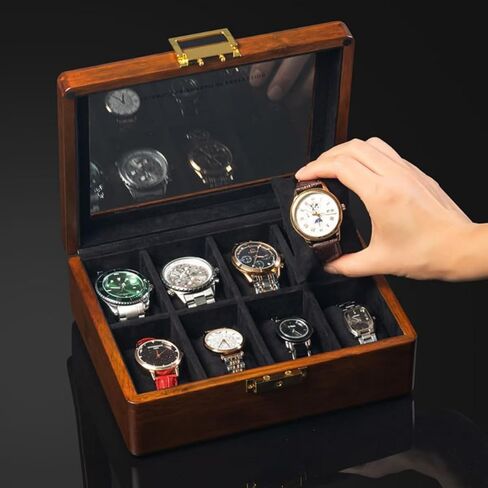 Bescott صندوق ساعة من الخشب الصلب 8 فتحات مع غطاء زجاجي مجموعة الجوز للرجال والنساء حامل تخزين منظم عرض خشبي فاخر in Kuwait