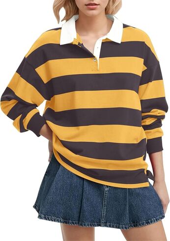 Womens Y2k Oversized Striped Polo Sweatshirts V Neck Long Sleeve Shirts Summer Casual Trendy Work Tops in Saudi Arabia