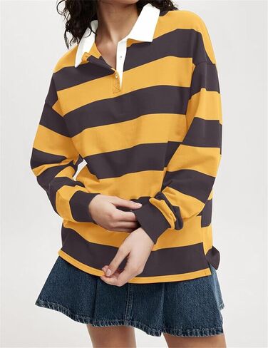 Womens Y2k Oversized Striped Polo Sweatshirts V Neck Long Sleeve Shirts Summer Casual Trendy Work Tops in Saudi Arabia
