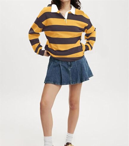 Womens Y2k Oversized Striped Polo Sweatshirts V Neck Long Sleeve Shirts Summer Casual Trendy Work Tops in Saudi Arabia