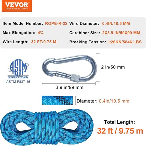 حبل تسلق ثابت 12.7 مم من VEVOR، 60.9 متر (200 قدم) حبل تسلق الصخور في الهواء الطلق 30KN كسر التوتر، حبل من الألياف مع خطافات فولاذية للهروب، والهبوط، والإنقاذ من الحرائق، أزرق in Saudi Arabia