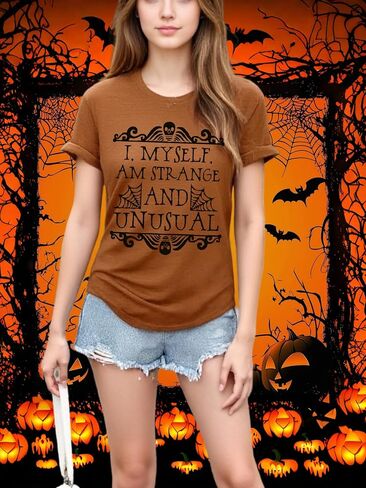 Halloween Shirts for Women I Myself Am Strange and Unusual Tshirt Horror Movie Graphic Tees Cute Short Sleeve in Kuwait
