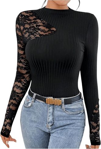MakeMeChic Women's Floral Lace Long Sleeve Mock Neck Rib Knitted Asymmetrical Tee Shirt Tops in Saudi Arabia